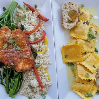 Julep Kitchen - Parm crusted salmon (with broccolini and couscous) and butternut squash ravioli - American Near Me - Dillard, Georgia