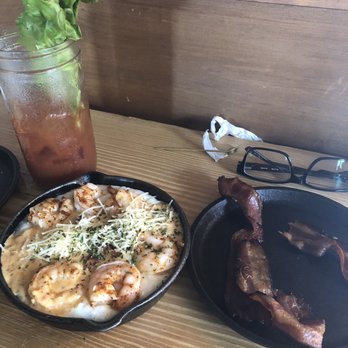 Two Cracked Eggs Cafe - Shrimp and grits with a side of bacon. - Breakfast & Brunch Near Me - Savannah, Georgia Two Cracked Eggs Cafe - Shrimp and grits with a side of bacon. - Breakfast & Brunch Near Me - Savannah, Georgia