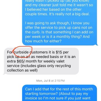 Garbage Gurus - Him referring to trash pickup as curbside - A text exchange discussing curbside trash pickup, including pricing, scheduling, and service details. - Recycling Center Near Me