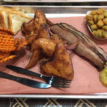 The Smoke Pit - brisket and wings with sweet potato fries, fried okra, and Texas toast - Barbeque Near Me - Concord, North Carolina