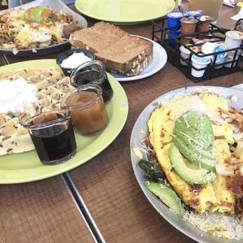 Kickback Jack's - Santa Fe skillet, basil omelette, and pecan waffle. Yummm waffle + omelet - American Near Me - Rancho Cucamonga, California Kickback Jack's - Santa Fe skillet, basil omelette, and pecan waffle. Yummm waffle + omelet - American Near Me - Rancho Cucamonga, California