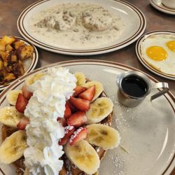 Gary's Restaurant - Red, white and blue pancakes sausage and ravy biscuit hash brown and delicious eggs.