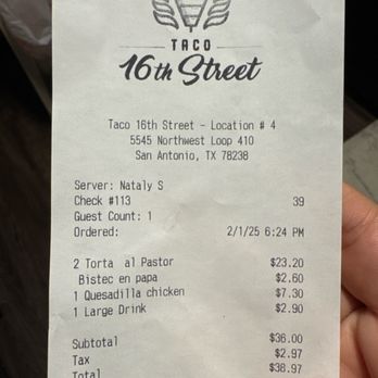 Taco 16th Street - Receipt for tortas, papa de bistec, quesadilla chicken, and large drink. - Tacos Near Me - San Antonio, Texas Taco 16th Street - Receipt for tortas, papa de bistec, quesadilla chicken, and large drink. - Tacos Near Me - San Antonio, Texas
