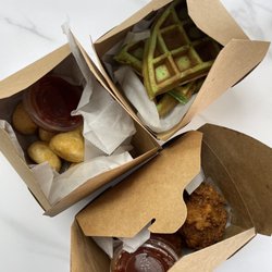 Toco Tea - Fish balls w/ roe, waffle, & chicken wings