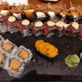 Sapps - From Top to Bottom: Medusa Roll, Tuna Loco Roll, Spicy Sea Scallop Roll and piece of sea urchin sushi - Japanese Near Me - Long Island City, New York Sapps - From Top to Bottom: Medusa Roll, Tuna Loco Roll, Spicy Sea Scallop Roll and piece of sea urchin sushi - Japanese Near Me - Long Island City, New York