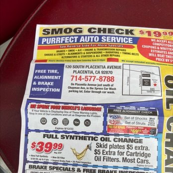 Purrfect Auto Service - Weekly Coupon 2022 - Auto Repair Near Me - Placentia, California