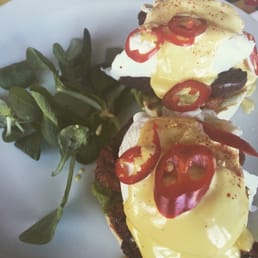 Poached eggs, avocado, chorizo & chilli! Yum!