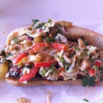 Carneys - Chicken apple sausage dog with spicy pineapple slaw - Burgers Near Me - Studio City, California Carneys - Chicken apple sausage dog with spicy pineapple slaw - Burgers Near Me - Studio City, California