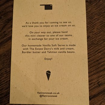 Flat Iron - The card to exchange for your complimentary ice cream upon payment of your bill - Steakhouses Near Me - London, XGL Flat Iron - The card to exchange for your complimentary ice cream upon payment of your bill - Steakhouses Near Me - London, XGL