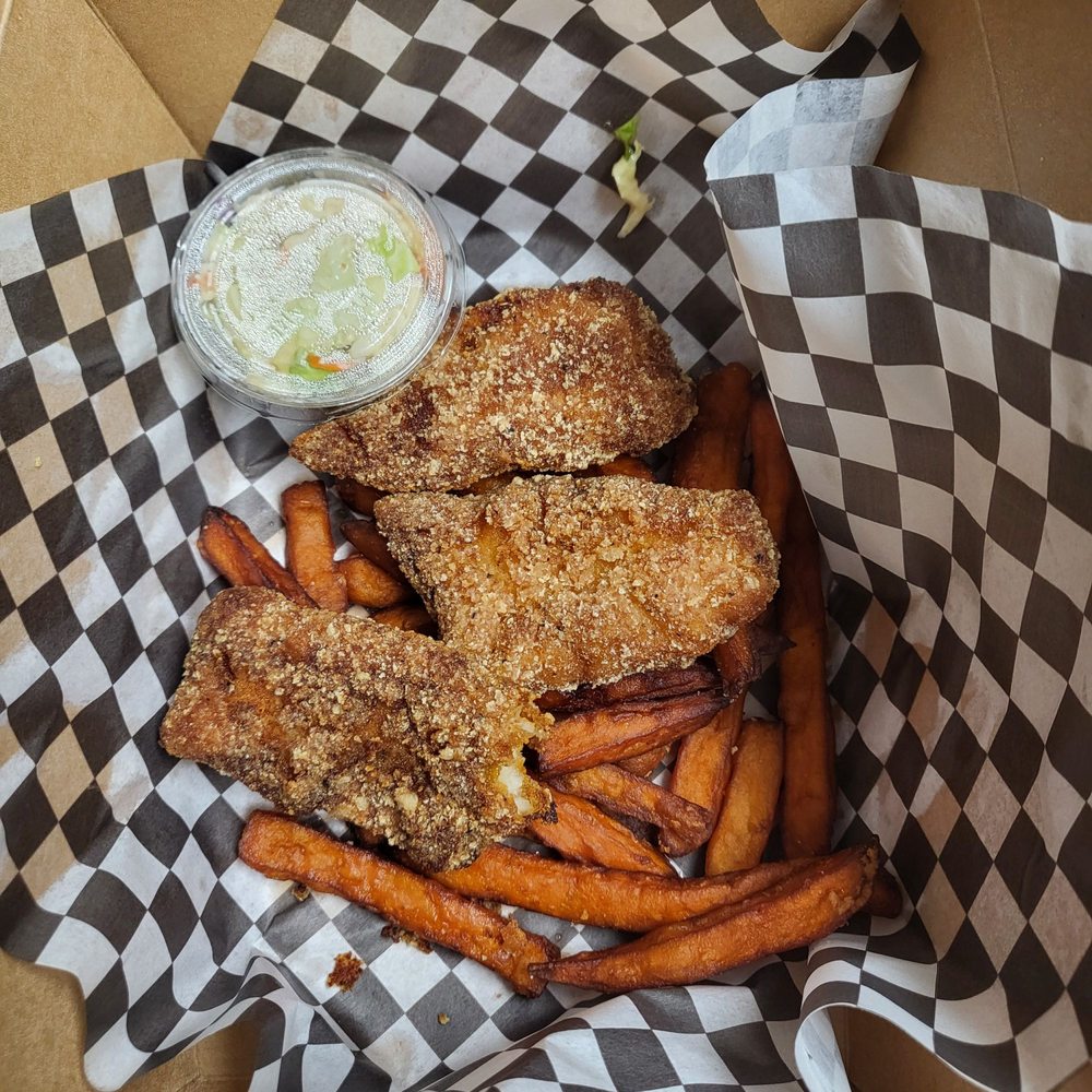 Loggers Pub - Burnt Fish on top of greasy sweet potato fries and a condiment cup of coleslaw (?) - Pubs Near Me - Omak, Washington Loggers Pub - Burnt Fish on top of greasy sweet potato fries and a condiment cup of coleslaw (?) - Pubs Near Me - Omak, Washington