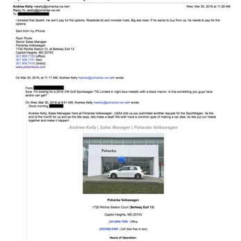 Pohanka VW - Email in which Sr. Sales Manager Ryan Poole referred to a customer (me) as a "dipshit" and a "big ass loser." - Car Dealers Near Me - Capitol Heights, Maryland