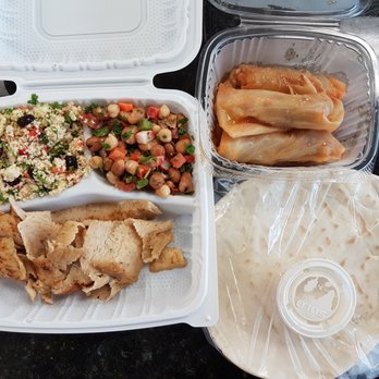 Daily Bread - Couscous, multi-beans salad, chicken kebab, beef/rice? stuffed cabbage, and bread with white sesame dressing. - Mediterranean Near Me - Miami, Florida Daily Bread - Couscous, multi-beans salad, chicken kebab, beef/rice? stuffed cabbage, and bread with white sesame dressing. - Mediterranean Near Me - Miami, Florida