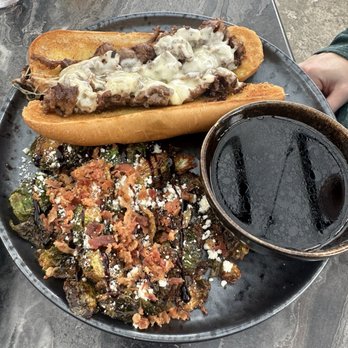 The Local on Morford - Ribeye French dip with loaded Brussels (light sauce) - American Near Me - Mcminnville, Tennessee The Local on Morford - Ribeye French dip with loaded Brussels (light sauce) - American Near Me - Mcminnville, Tennessee