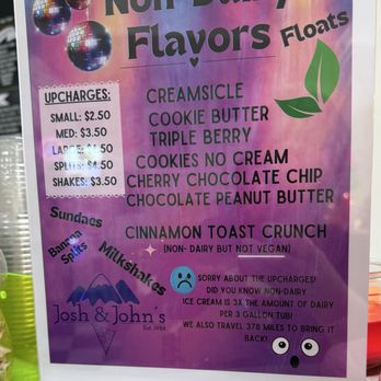 Mrs. Sprinkles Ice Cream - Non-dairy options - A colorful menu sign displays non-dairy ice cream flavors and prices, including cremesicle, cookie butter, and triple berry, with a note about travel and dairy content. - Ice Cream & Frozen Yogurt Near Me - Albuquerque, New Mexico