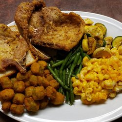 The So Full Cafe - Pork Chops, Green Beans, Okra, Macaroni and 
Cheese, and Squash and Zucchini.
