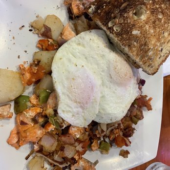 Uptown Cafe - Salmon Hash w/ 2 eggs over easy - Cafes Near Me - Warrenton, Oregon Uptown Cafe - Salmon Hash w/ 2 eggs over easy - Cafes Near Me - Warrenton, Oregon