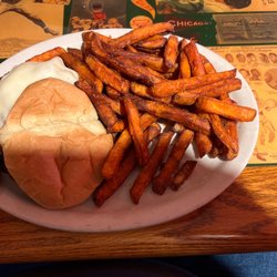 Stables Cafe - Swiss mushroom burger with sweet potato fries.