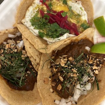 Tacos Oscar - Egg taco and mushroom taco (oyster, crimini, and portobello) with mole - Tacos Near Me - Oakland, California Tacos Oscar - Egg taco and mushroom taco (oyster, crimini, and portobello) with mole - Tacos Near Me - Oakland, California