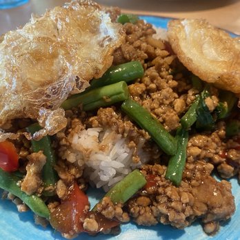 Tin Thai Kitchen - Gra Prow Kai Dow - minced chicken in spicy Thai basil sauce over rice topped with a fried egg and ordered an additional fried egg - Thai Near Me - Livermore, California