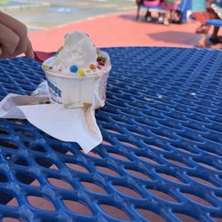 Strollo's Lighthouse Italian Ice - Vanilla soup with m&m's