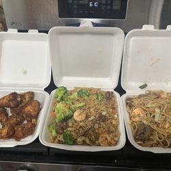Order of wings, combo fried rice with broccoli added, combo lo mein