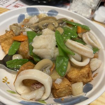 Mama Lu's Dumpling House - Braised seafood over fried tofu ($16.95). IG: Jenuine_reviews - Dim Sum Near Me - Tustin, California