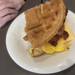 Breakfast sammy on a waffle
