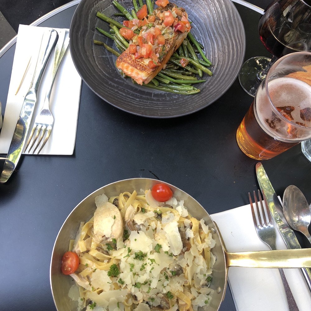 Café Beaujolais - Pasta with mushroom and grilled chicken   Salmon over veggies - French Near Me - Paris, 75