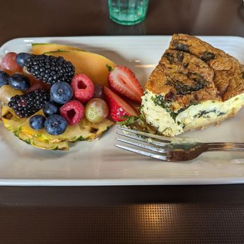 The Watershed Cafe - Quiche of the day with fruit. - Comfort Food Near Me - Osceola, Wisconsin