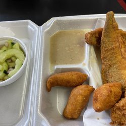 Charlie's Grill - Fried whiting, navy beans, cucumber salad, hush puppies