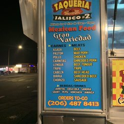 Taqueria Jalisco #2 - Meat options and phone number 206-487-8413