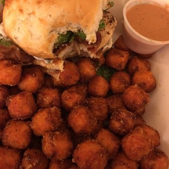 Bend Burger - Paulina Peak Chicken (without tomato) on gluten free bun with Sweet Potato Tots. YUM! - Burgers Near Me - Bend, Oregon