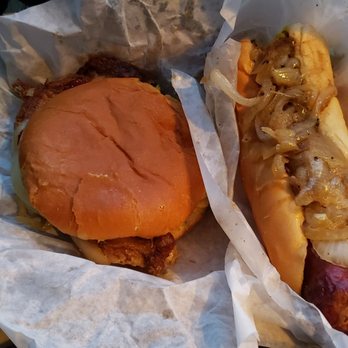 Jim's Original - Pork chop sandwich and a Polish sausage with grilled onions - Hot Dogs Near Me - Chicago, Illinois