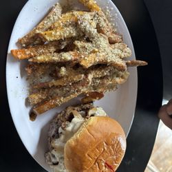 Wagon Wheel Pub - Mushroom Swiss burger with garlic Parm fries