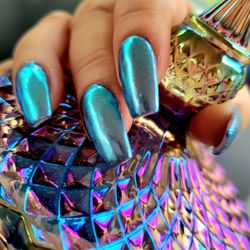 Studio Nails - Acrylic nails with Gemini gel polish and unicorn chrome.