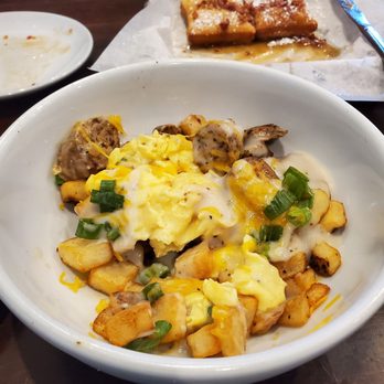 Two Eggs! - McDonough - Big Bowl w/ sausage....sausage, potatoes, country gravy, scrambled eggs, shredded Cheddar, and a sprinkle of scallions!!! So Delicious... - Breakfast & Brunch Near Me - Hampton, Georgia Two Eggs! - McDonough - Big Bowl w/ sausage....sausage, potatoes, country gravy, scrambled eggs, shredded Cheddar, and a sprinkle of scallions!!! So Delicious... - Breakfast & Brunch Near Me - Hampton, Georgia