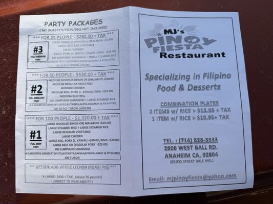 Menu photo 1 MJ's Pinoy Fiesta Anaheim, CA