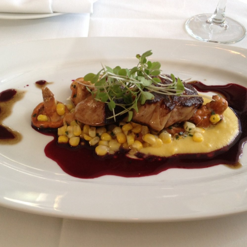 L'Etoile - La Belle Farms seared foie gras, Alsum's sweet corn and wild chanterelles ragout, blueberry gastrique - New American Near Me - Madison, Wisconsin L'Etoile - La Belle Farms seared foie gras, Alsum's sweet corn and wild chanterelles ragout, blueberry gastrique - New American Near Me - Madison, Wisconsin