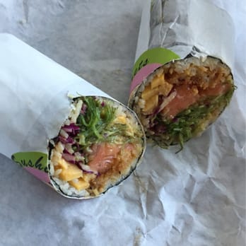 Sushi Secrets - Customized sushirrito with salmon, shrimp tempura, seaweed salad, cabbage, tamago and mango aioli with honey avocado sauces - Japanese Near Me - Berkeley, California