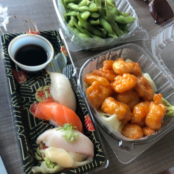 Ocean Sushi Grill - Nigiri: King Salmon, escolar & hamachi; Rock Shrimp tempura and edamame - Asian Fusion Near Me - League City, Texas