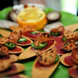 Standing Room Only Fine Foods-Fine Catered Events - Full Service Catering:  Horsd'oeuvres/Sashimi of Tuna on a bamboo Spoon With Jalapeno and Ponzu, Lotus Root Chip