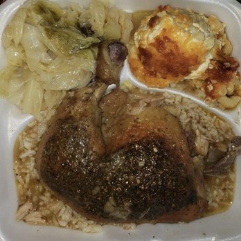 Gummy's Home Cooking - Baked Chicken served with rice and gravy along with cabbage and Mac n cheese. - Soul Food Near Me - Richmond, Virginia