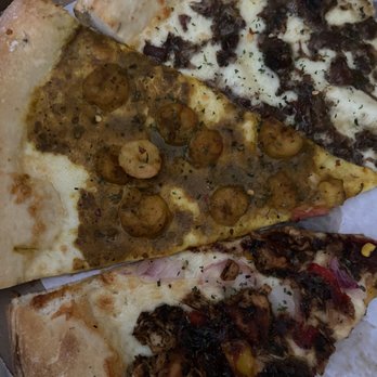 Cuts & Slices - (Top to Bottom) Oxtail Pizza; Curry Shrimp; Jerk Chicken - Pizza Near Me - Brooklyn, New York Cuts & Slices - (Top to Bottom) Oxtail Pizza; Curry Shrimp; Jerk Chicken - Pizza Near Me - Brooklyn, New York