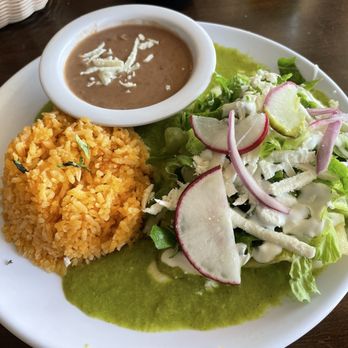Ancestros - Green cheese enchiladas with rice and beans - delicious! - Mexican Near Me - Long Beach, California