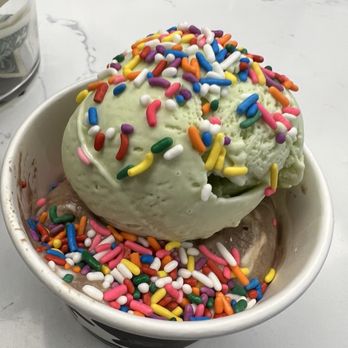 Cool Cow Creamery - Avocado ice cream and banana bomb (chocolate and banana) with free rainbow sprinkles - Ice Cream & Frozen Yogurt Near Me - Kemah, Texas