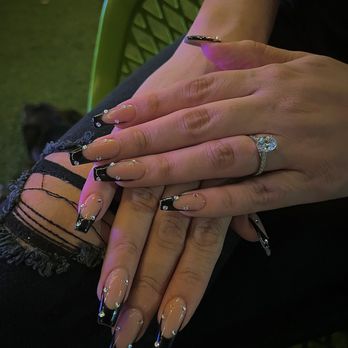 Melody Nails & Spa - Coffin Black French tip dipped nails with rhinestones. - Nail Salons Near Me - San Antonio, Texas