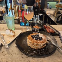 GF and Vegan mini key lime pie, blueberry quinoa GF and Vegan pancakes, sausage, bacon, and Momosa.