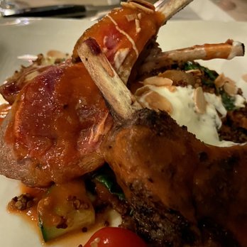 The Lime Inn - Love the lamb chop with caramelized onion, spinach, Cuke, Tom, a little mint yogurt, almonds yum! - Seafood Near Me - Cruz Bay, Virgin Islands