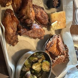 Bourbon Wings w Sweet potato fries, Brussels sprouts cornbread Bourbon Wings w Sweet potato fries, Brussels sprouts cornbread