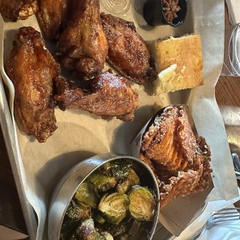 Smoked Bar & Grill - Bourbon Wings w Sweet potato fries, Brussels sprouts cornbread - Barbeque Near Me - Hummelstown, Pennsylvania Smoked Bar & Grill - Bourbon Wings w Sweet potato fries, Brussels sprouts cornbread - Barbeque Near Me - Hummelstown, Pennsylvania